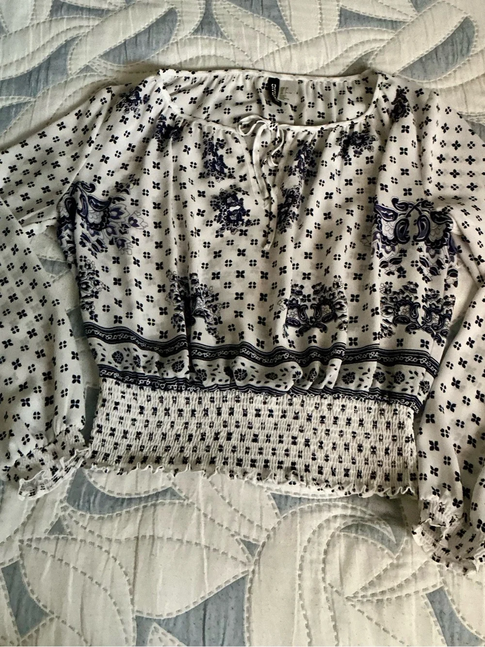 H&M White and Blue Printed Peasant Blouse